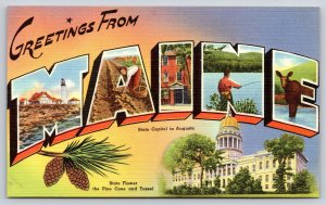 Greetings From Maine~State Capitol~Lighthouse~Farm~Large Letter Linen Postcard