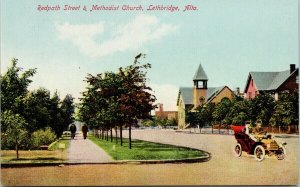 Lethbridge AB Redpath Street & Methodist Church Red Auto Unused Postcard F72