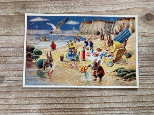 Picnic on the Beach, Rabbits, Seaside, Racey Helps, Vintage Postcard