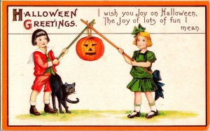Vintage Adorable Victorian Boy & Girl, JOL,Pumpkin, Black Cat Halloween Postcard