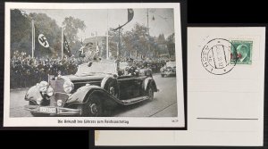 GERMANY THIRD 3rd REICH ORIGINAL POSTCARD NUREMBERG 1938 ARRIVAL OF HITLER