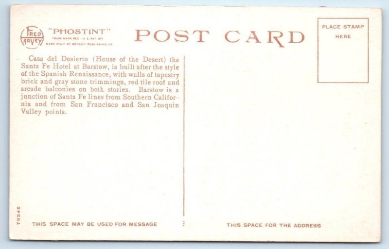 BARSTOW, CA California ~ Fred Harvey SANTA FE DEPOT & HOTEL c1910s Postcard