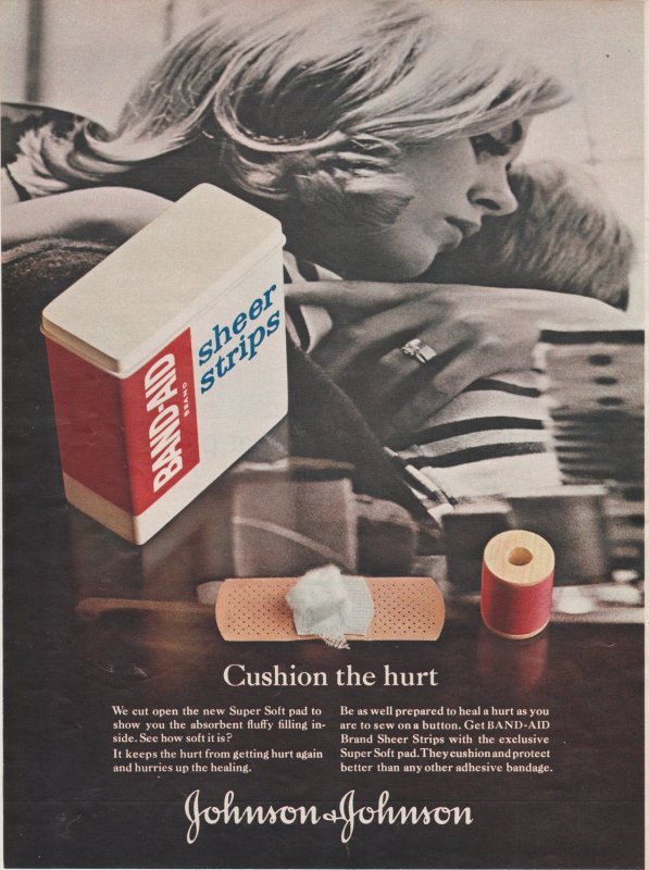 1965 Color Print Ad Band Aid Sheer Strips, Cushion the Hurt, Blonde Mom