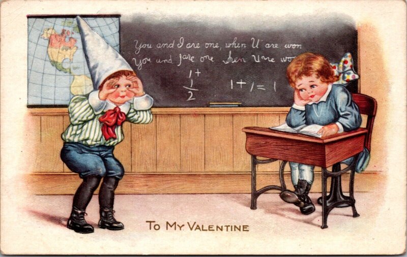 Valentine's Day Postcard Boy Wearing Dunce Cap Distracting Girl Studying at Desk