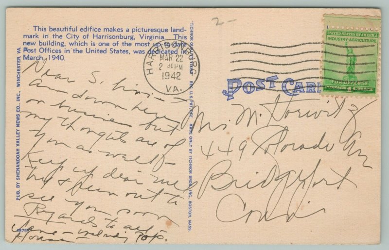 Harrisonburg Virginia~Post Office~1940s Linen Postcard