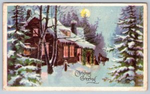 Christmas Greeting, Rural Winter Scene, Welcoming Guests, Antique 1918 Postcard