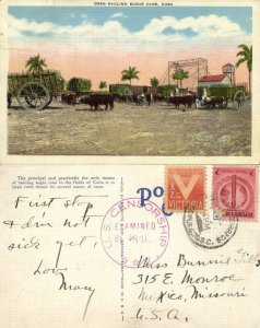 cuba, Oxen Hauling Sugar Cane (1942) War Tax Stamp, U.S. Censorship, Postcard