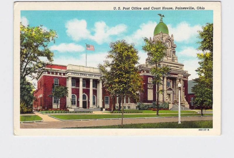 ANTIQUE POSTCARD OHIO PAINESVILLE US POST OFFICE AND COURT HOUSE EXTERIOR STREET