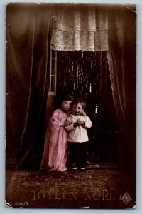 c1910's Merry Christmas Little Girl And Boy Luxembourg RPPC Photo Postcard