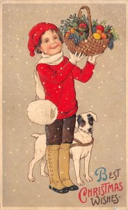 Best Christmas Wished, Girl W/ Fruit Basket & Dog, Vintage PC U16103