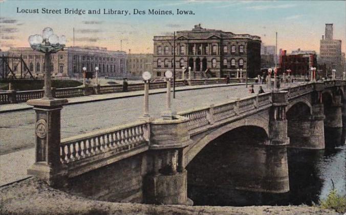 Iowa Des Moines Locust Street Bridge and Library 1916 Curteich