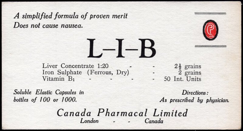 Ontario Canada Pharmacal Ltd. L-I-B LONDON Ink Blotter Advertisement