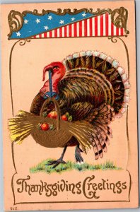 Postcard Patriotic Thanksgiving - Turkey carrying basket