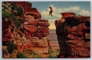 Man Jumping Over Gorge Grand Canyon Arizona Linen Postcard L9