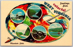 Vtg Greetings from Colorful West Virginia Artist Palette Multiview Postcard
