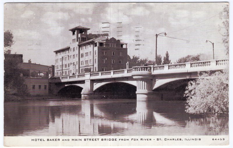 St. Charles, Illinois, Hotel Baker and Main Street Bridge from Fox River