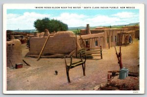 New Mexico~Santa Clara Indian Pueblo~Houses~Ladder~Buckets~Fence~1920s Postcard
