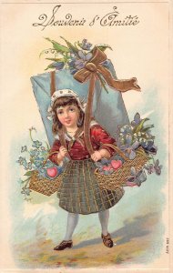 L093 France Greetings Girl flowers giant gift box embossed vintage postcard