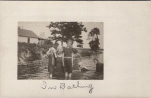 RPPC Edwardians Bathing in Lake Bath House on Hill c1905 Postcard B30
