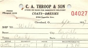 1937 C.A. THROOP & SON COATS-DRESSES CLEVELAND OHIO BILLHEAD STATEMENT Z1353