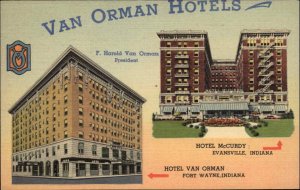 Evansville & Fort Wayne IN Van Orman Hotels Linen Postcard