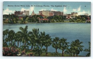 1942 WWII ST PETERSBURG FL SKYLINE ACROSS MIRROR LAKE LINEN POSTCARD P2671