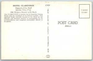 Quebec City Canada 1960s Postcard Hotel Clarendon