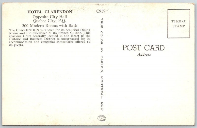 Quebec City Canada 1960s Postcard Hotel Clarendon