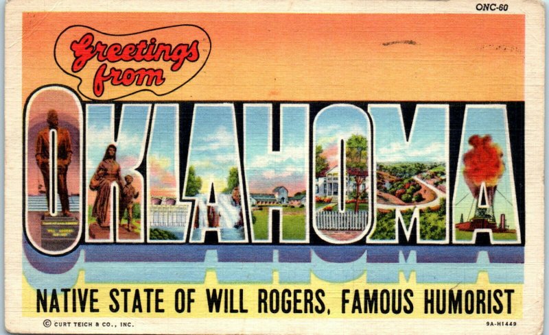 1930s Large Letter Greetings from Oklahoma State of Will Rogers Postcard