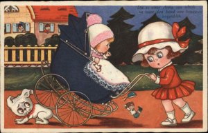 COMIC Girl w Baby Carriage Runs Over Dog Old Postcard