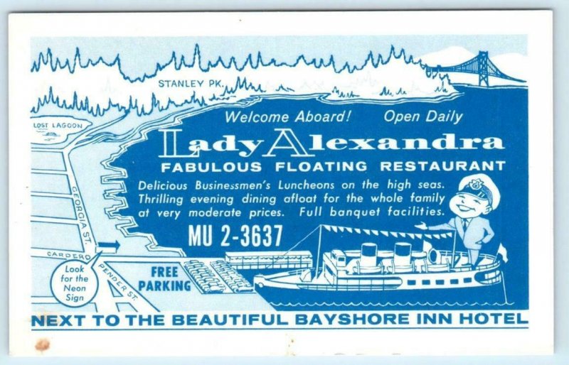 VANCOUVER, B.C. Canada ~ Advertising LADY ALEXANDRA Floating Restaurant Postcard