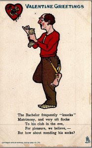 c1900 VALENTINE GREETINGS BACHELOR HOLE IN SOCKS TUCKS HUMOROUS POSTCARD 26-254 