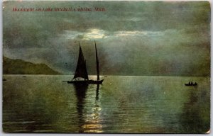 Cadillac Michigan MI, Moonlight on Lake Mitchell, Boating, Vintage Postcard