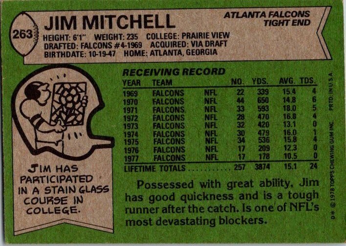 1978 Topps Football Card Jim Mitchell Atlanta Falcons sk7261