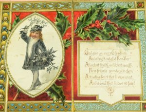 1879 Lovely Prang Christmas Card Folder With Full Poem on Inside Girl Holly &I