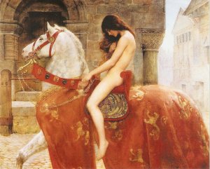 John Collier. Lady Godiva  Fine  painting, modern Spanish PC.. Size 16 c 13 cm