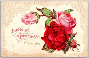 1906 Birthday Greetings Rose Flower Embossed Calligraphic Border Posted Postcard