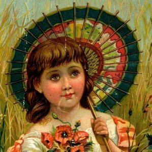 1880s-90s Victorian Cards Adorable Girls Parasol Grapes Bird Poppies Lot Of 4 *D