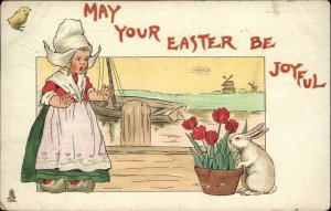 Tuck Dutch Children Little Girl Tulips Bunny Rabbit c1910 Vintage Postcard