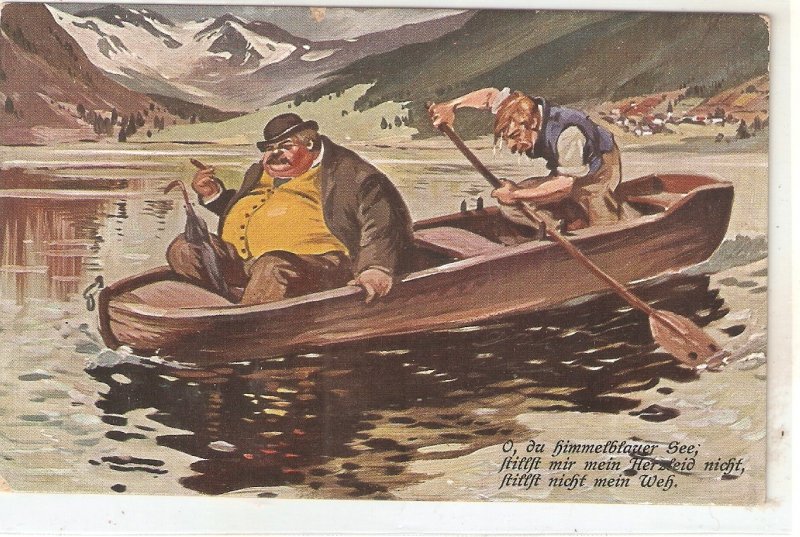Big fat man carried on a boat Humorous vintage German postcard