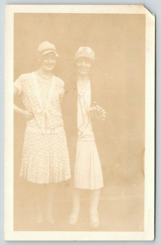 RPPC~1920s Flapper Wannabees~Long Pearl Necklace~Calves Showing~Small Hats PC 