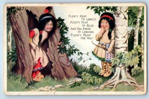 c1910's Indian Children Heart Tree Carving Unposted Antique Postcard