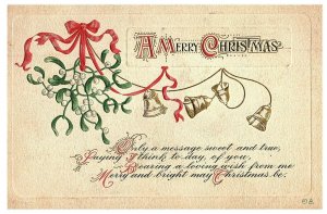 A Merry Christmas Embossed Antique Postcard Bells Holly 1914