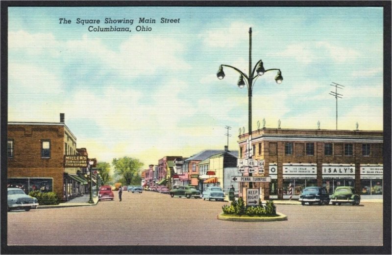 Columbiana OH The Square Main Street Traffic Signs Isaly's 1950s Linen Postcard