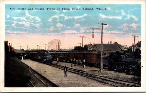 Postcard Pacific and Omaha Trains at Union Depot in Ashland, Wisconsin