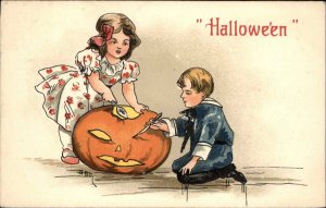 Halloween HBG Griggs Boy & Girl Carving Pumpkin HBG Griggs c1910 Postcard