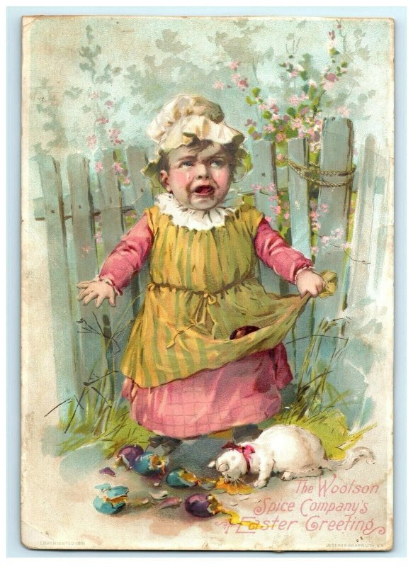 1891 Easter Lion Coffee Woolson Spice Co. Crying Baby Broken Eggs Cat *D