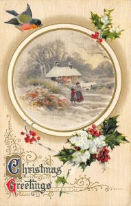 CHRISTMAS GREETINGS Holly Leaves Cabin Snow Scene Greetings Postcard 1913