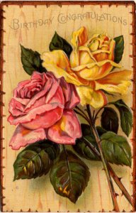 Birthday Congratulations - Pink and Yellow Flowers - Embossed - c1908