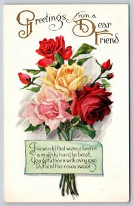 Flower Greetings~Roses Bouquet~Poem A Thorn w/Every Rose~c1910 Vintage Postcard
